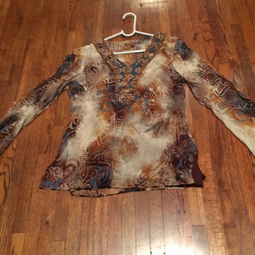 Barami sheer tunic blouse beaded neck line sz. S